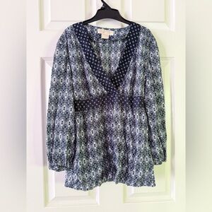 Michael Kors Blue and White Wrap Cotton Geometric Blouse, Size S, ptp 15”